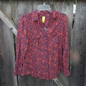 Retro Print Boho Floral Button Up Blouse Size L